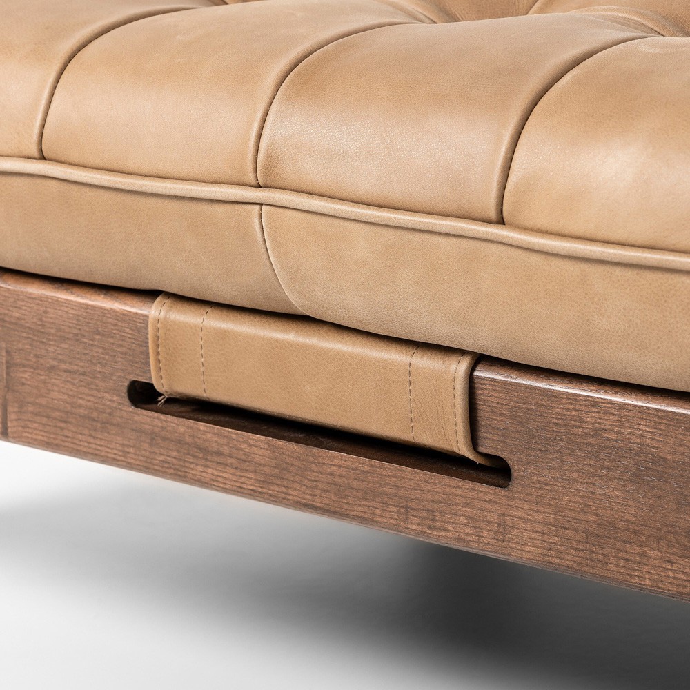 Hadley Rustic Tan Leather Brown Wood Tufted Cocktail Ottoman|