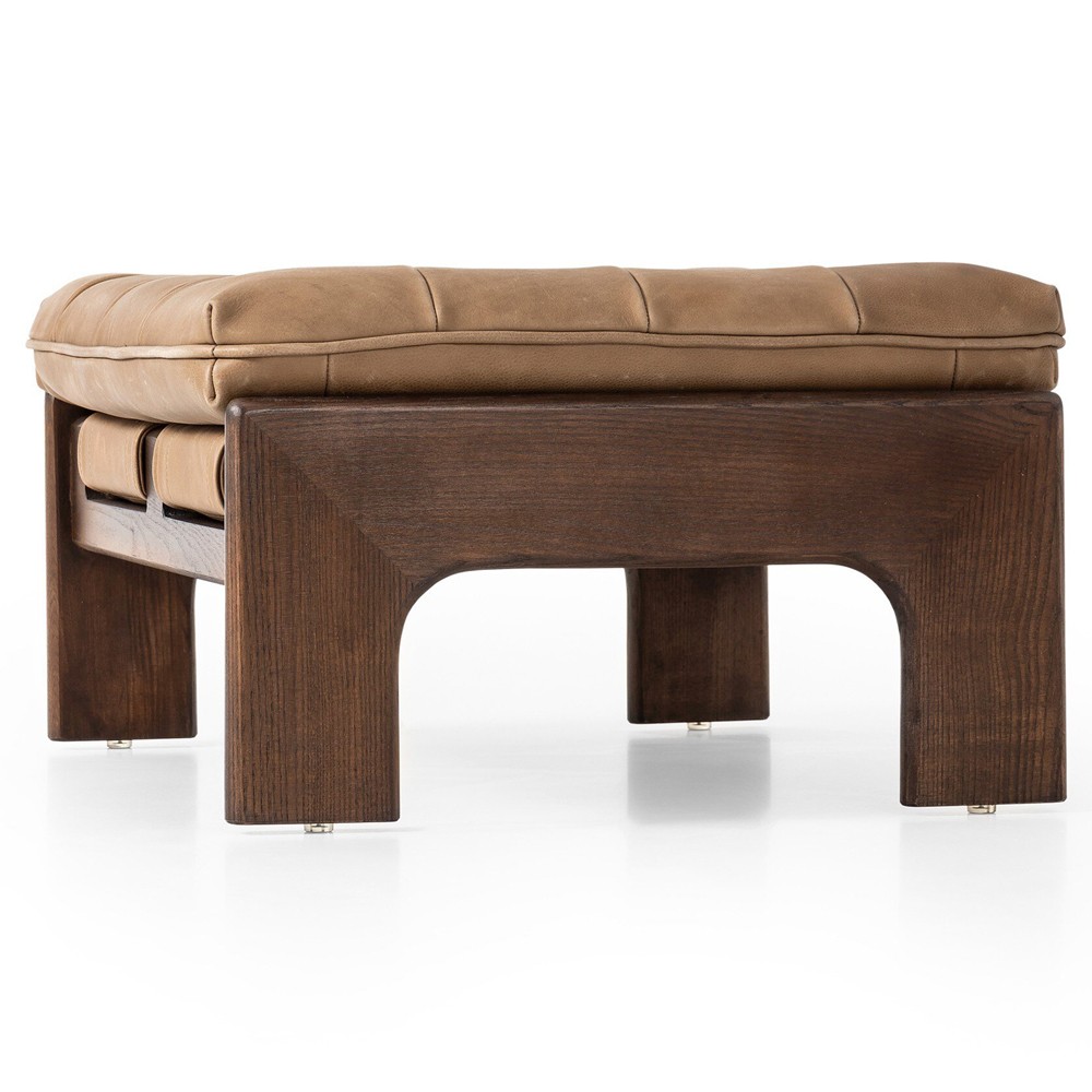 Hadley Rustic Lodge Tan Leather Brown Wood Tufted Ottoman|
