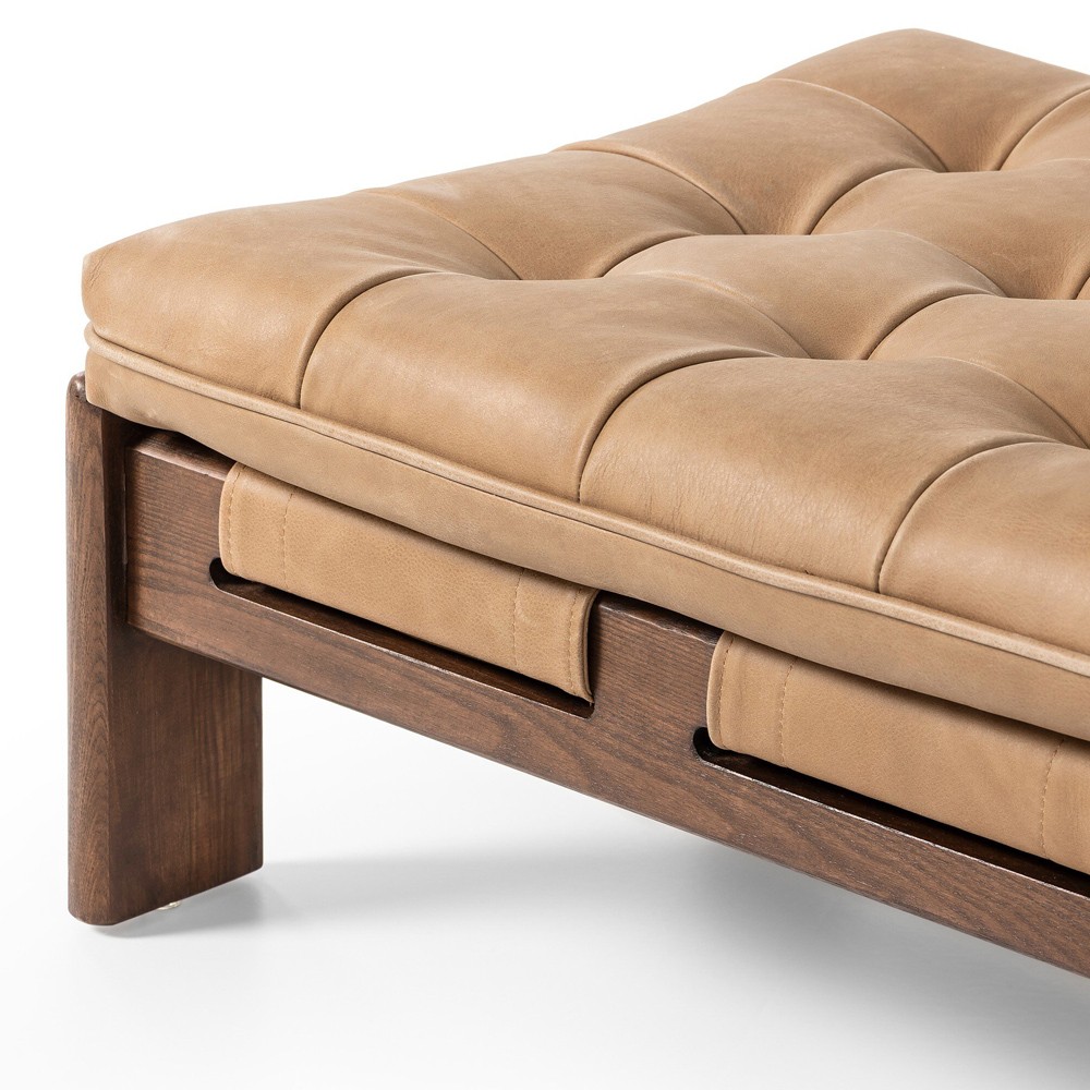 Hadley Rustic Lodge Tan Leather Brown Wood Tufted Ottoman|