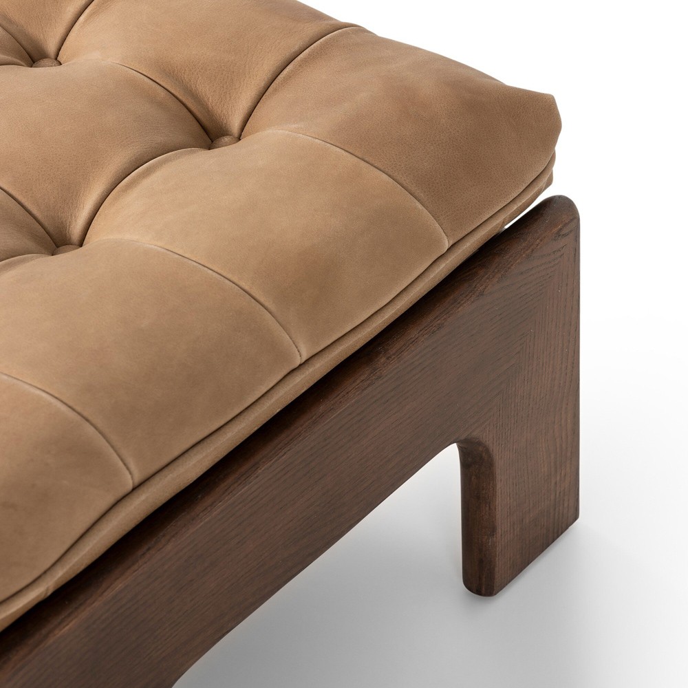 Hadley Rustic Lodge Tan Leather Brown Wood Tufted Ottoman|