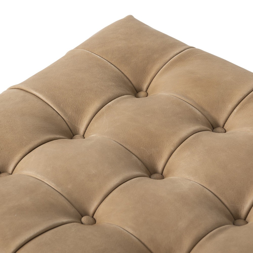 Hadley Rustic Lodge Tan Leather Brown Wood Tufted Ottoman|