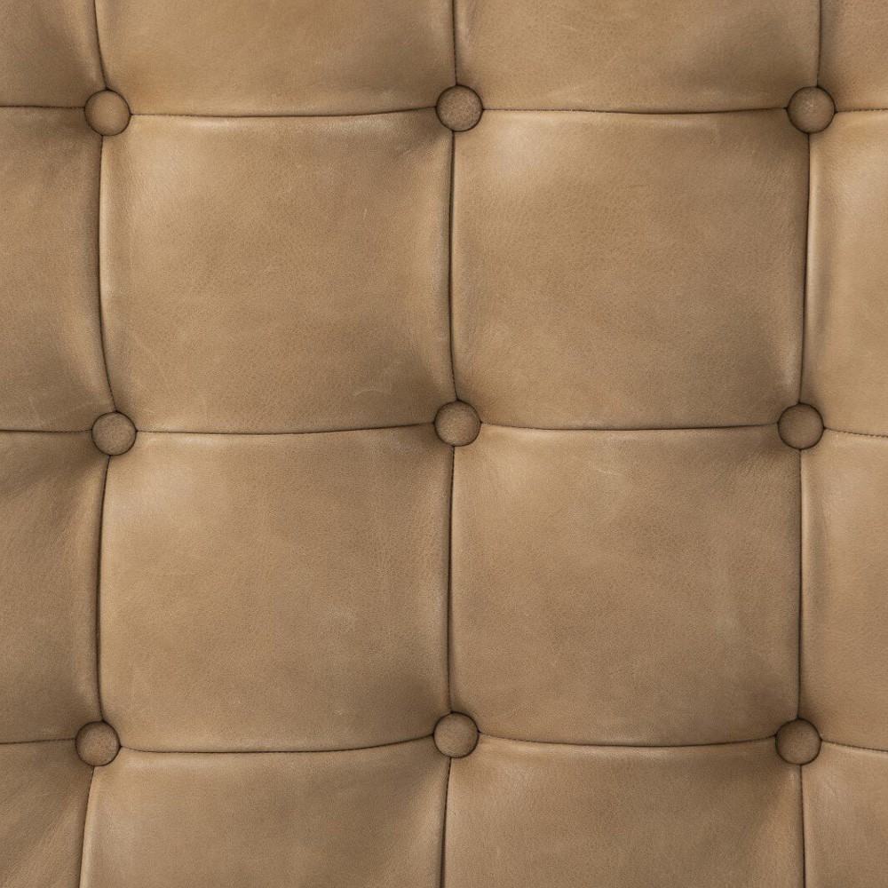 Hadley Rustic Lodge Tan Leather Brown Wood Tufted Ottoman|