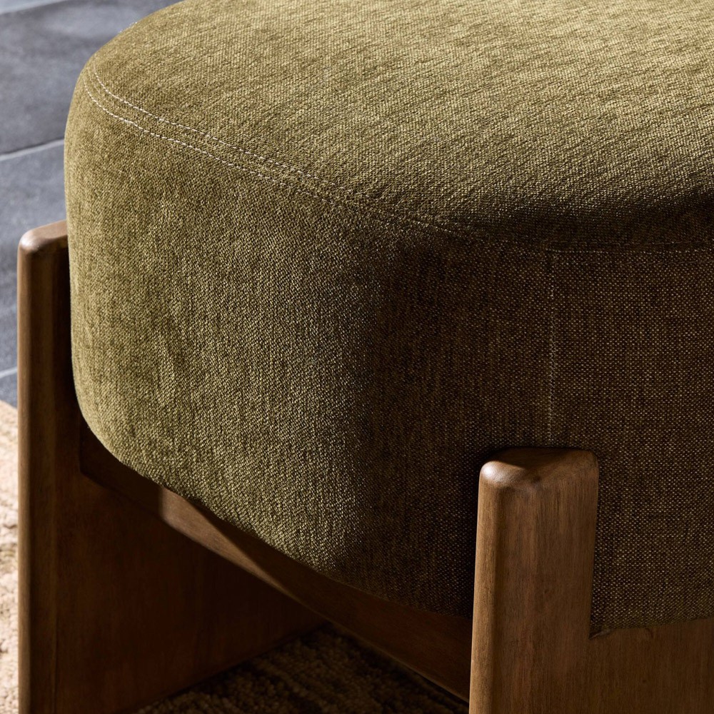 Leith Modern Classic Green Performance Brown Wood Round Stool|