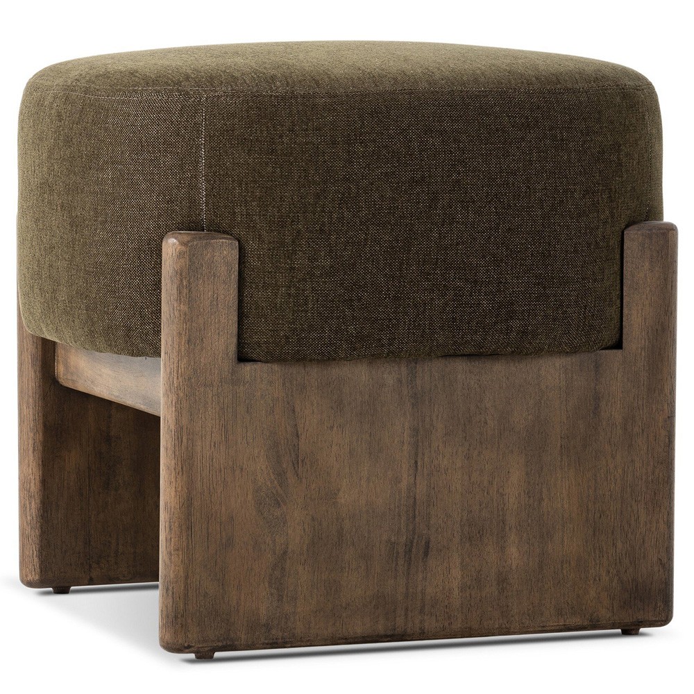 Leith Modern Classic Green Performance Brown Wood Round Stool|