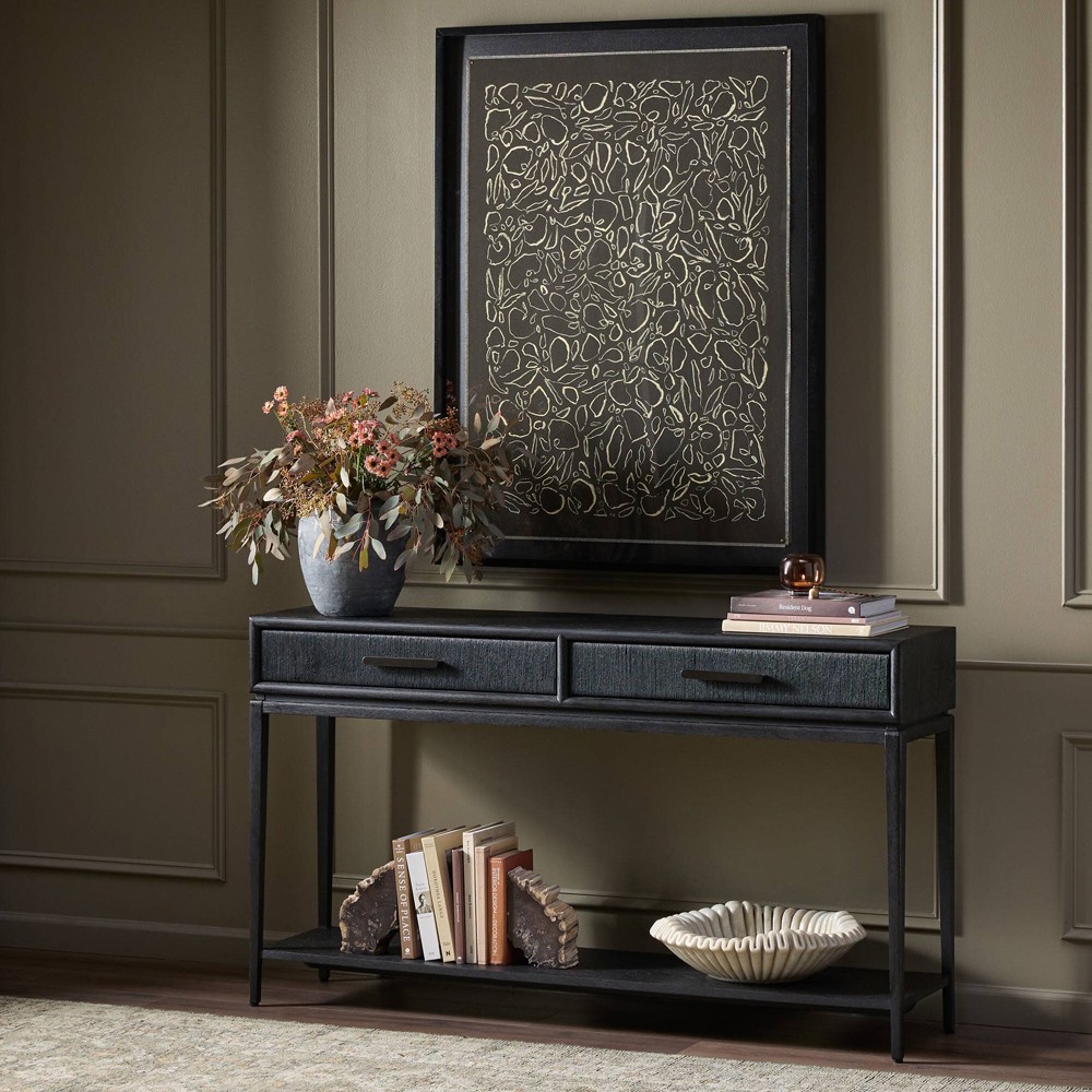 Rosal Modern Classic Black Oak Woven Rush Rectangular Console Table - 60"|