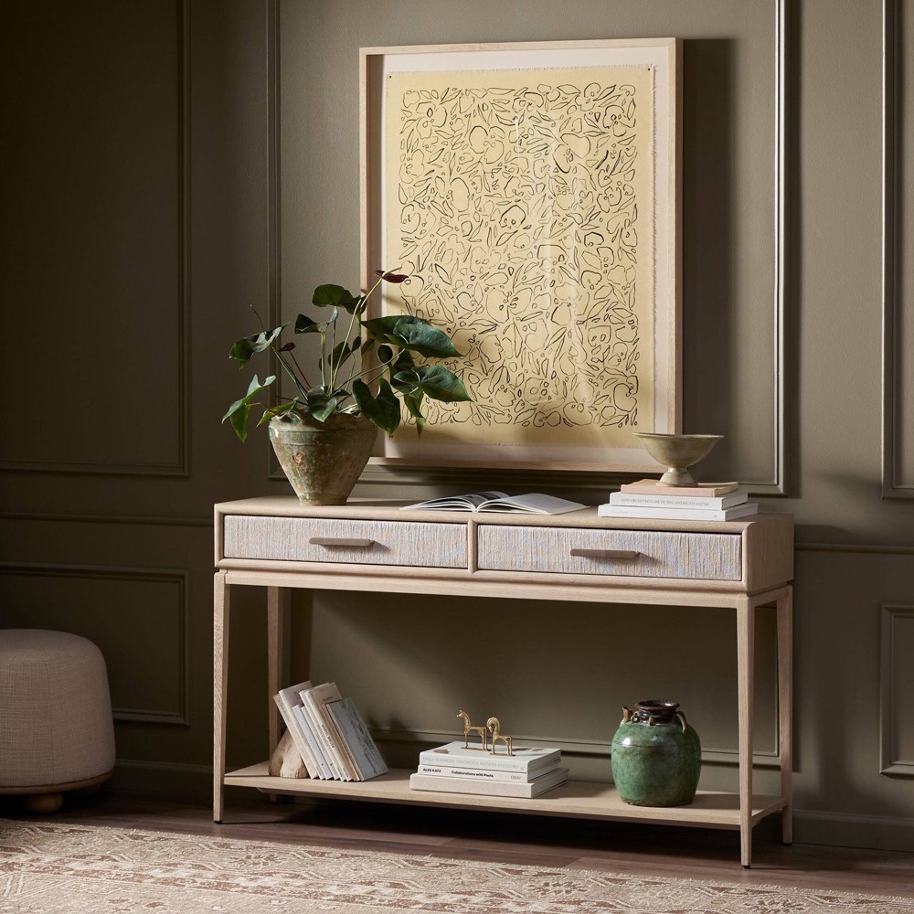 Rosal Modern Classic Natural Oak Woven Rush Rectangular Console Table - 60"|