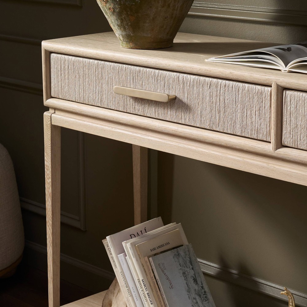 Rosal Modern Classic Natural Oak Woven Rush Rectangular Console Table - 60"|