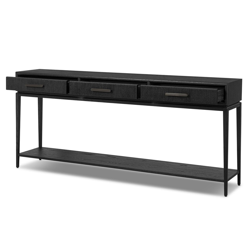 Rosal Modern Classic Black Oak Woven Rush Rectangular Console Table - 78"|