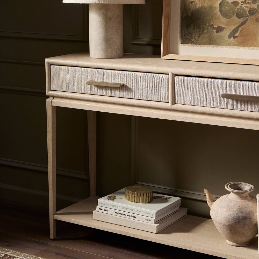 Rosal Modern Classic Natural Oak Woven Rush Rectangular Console Table - 78"|