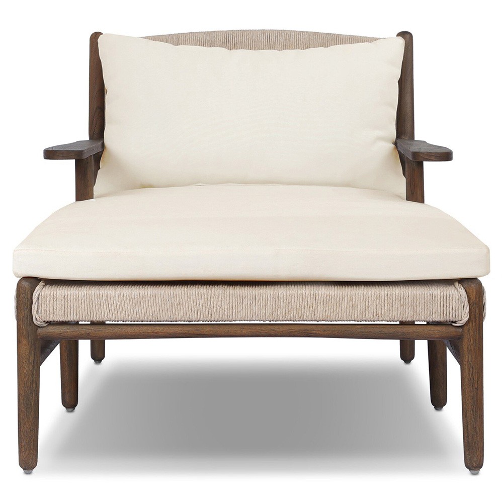 Hirom Updated Traditional Cream Cushion Brown Teak Outdoor Chaise Lounge|