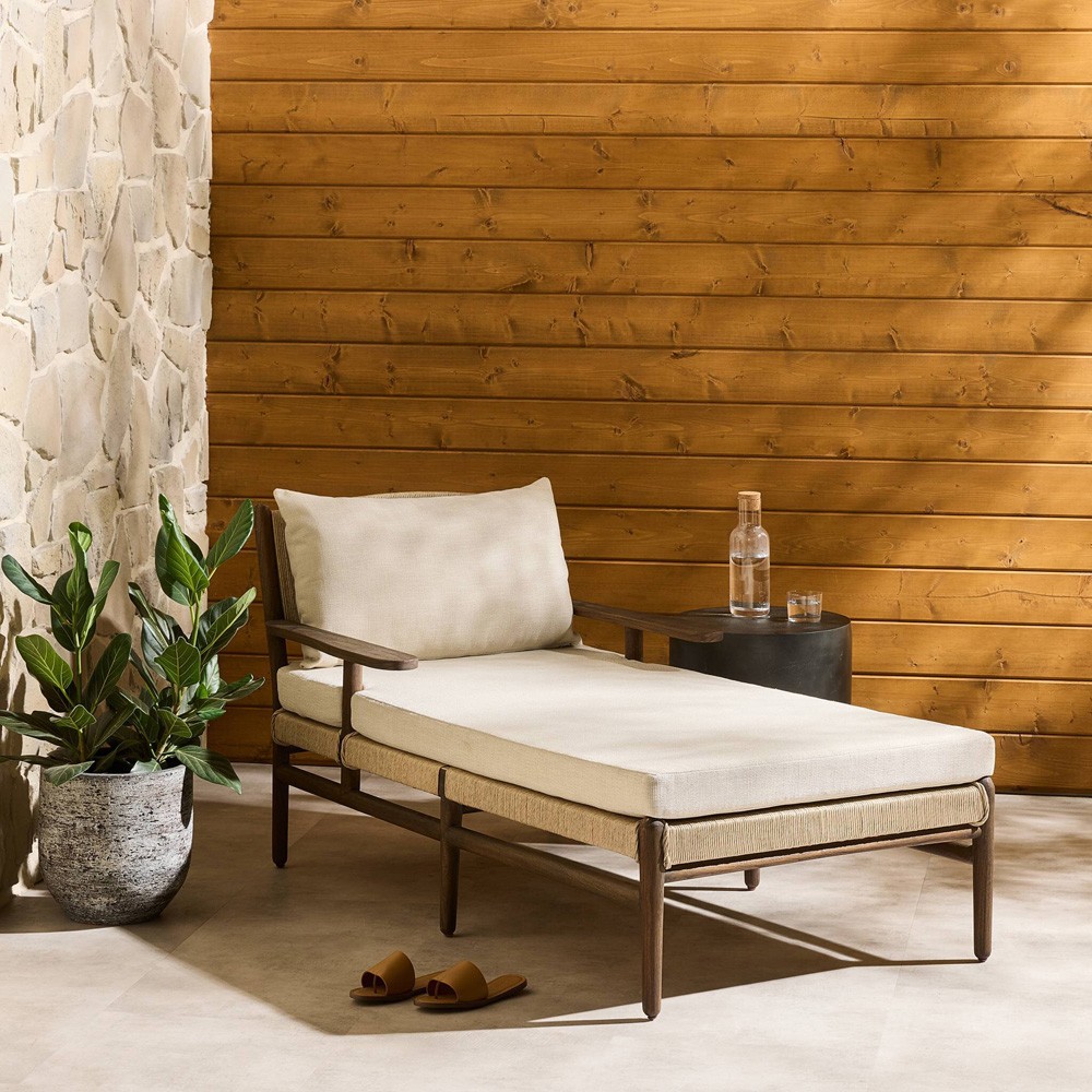 Hirom Updated Traditional Cream Cushion Brown Teak Outdoor Chaise Lounge|