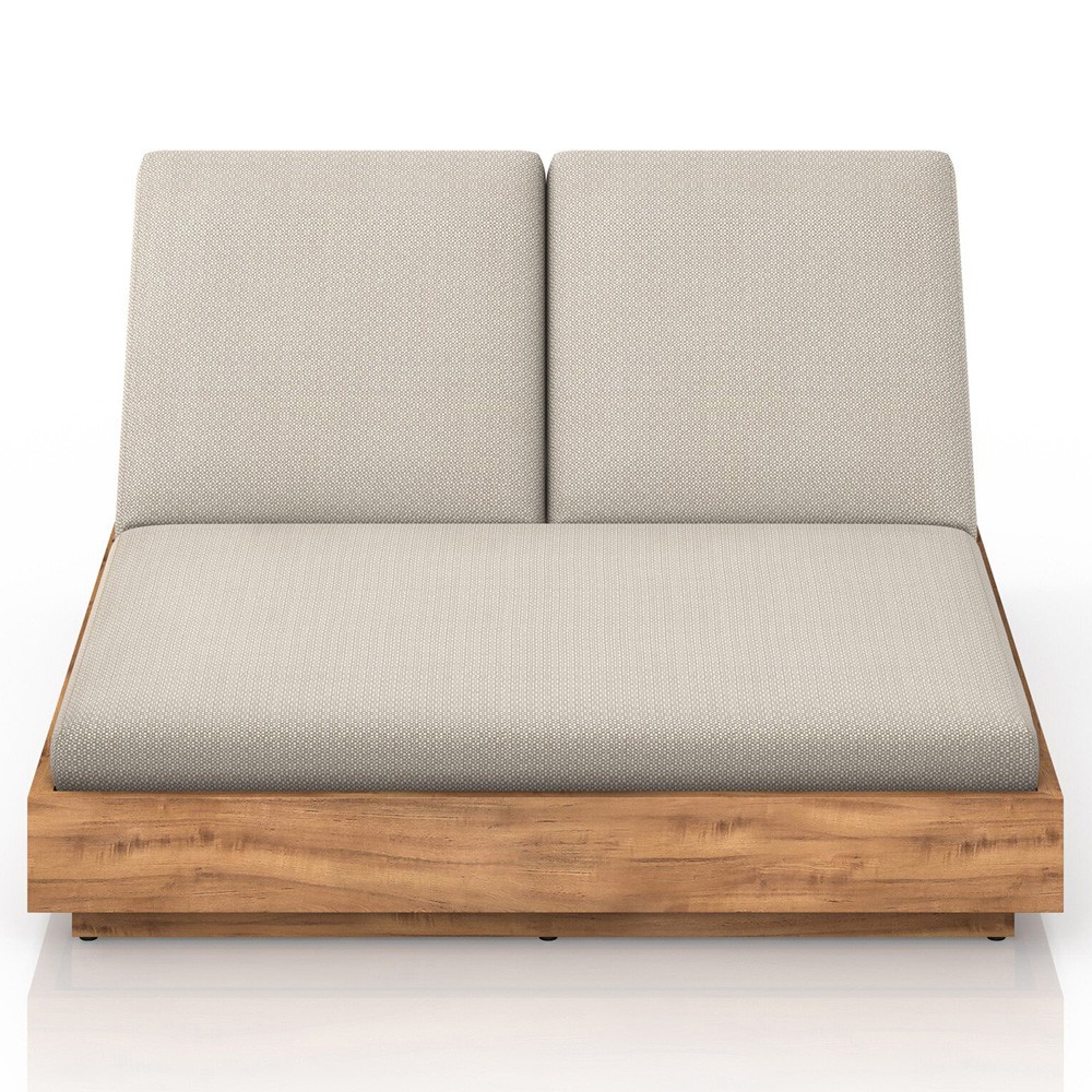 Kisha Modern Classic Beige Upholstered Natural Teak Outdoor Double Chaise|