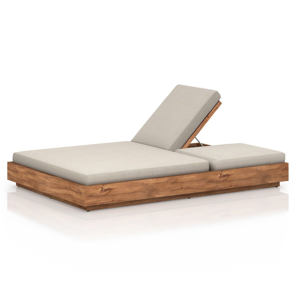 Kisha Modern Classic Beige Upholstered Natural Teak Outdoor Double Chaise|