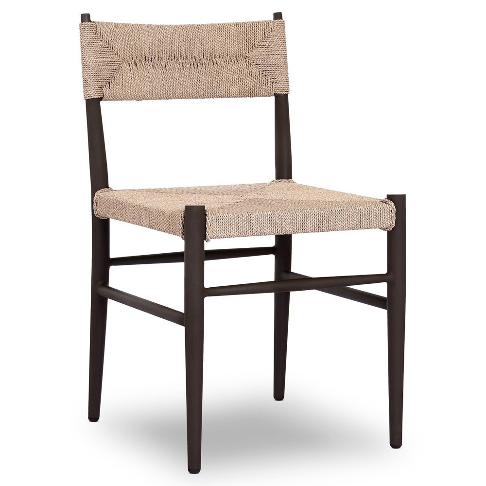 Mable Coastal Beach Beige Wicker Black Steel Outdoor Dining Chair|
