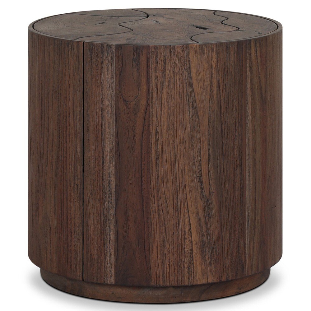 Ridge Rustic Lodge Dark Brown Teak Outdoor Drum End Table|