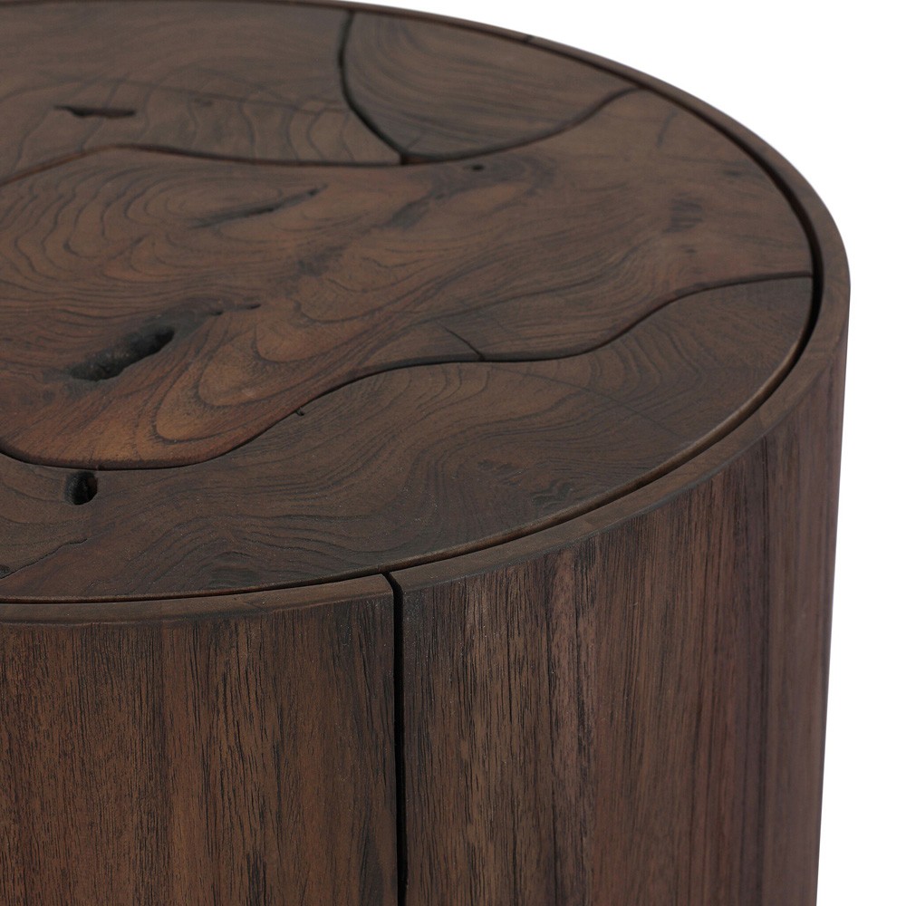 Ridge Rustic Lodge Dark Brown Teak Outdoor Drum End Table|