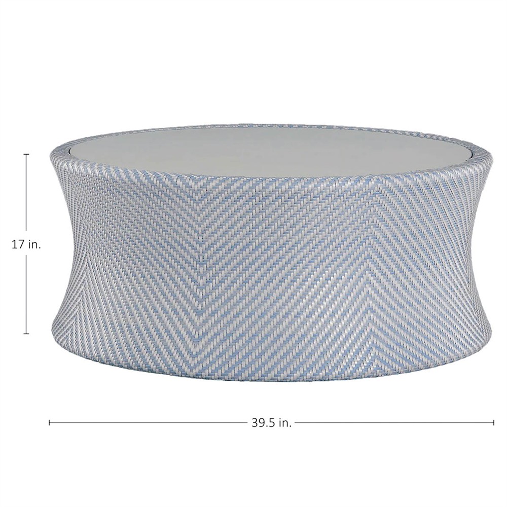 Bari Coastal Beach Blue Wicker Chevron Round Outdoor Coffee Table|