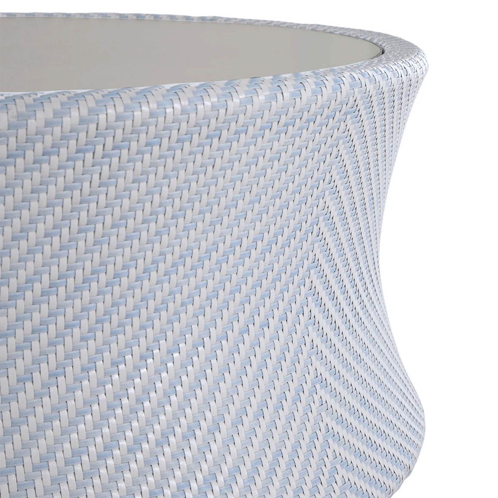 Bari Coastal Beach Blue Wicker Chevron Round Outdoor Coffee Table|