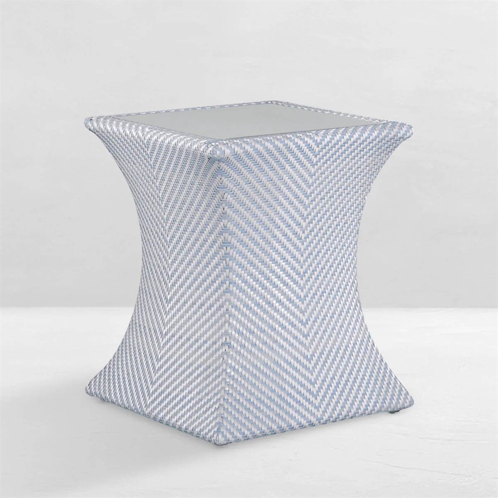 Bari Coastal Beach Blue Wicker Chevron Square Outdoor End Table|