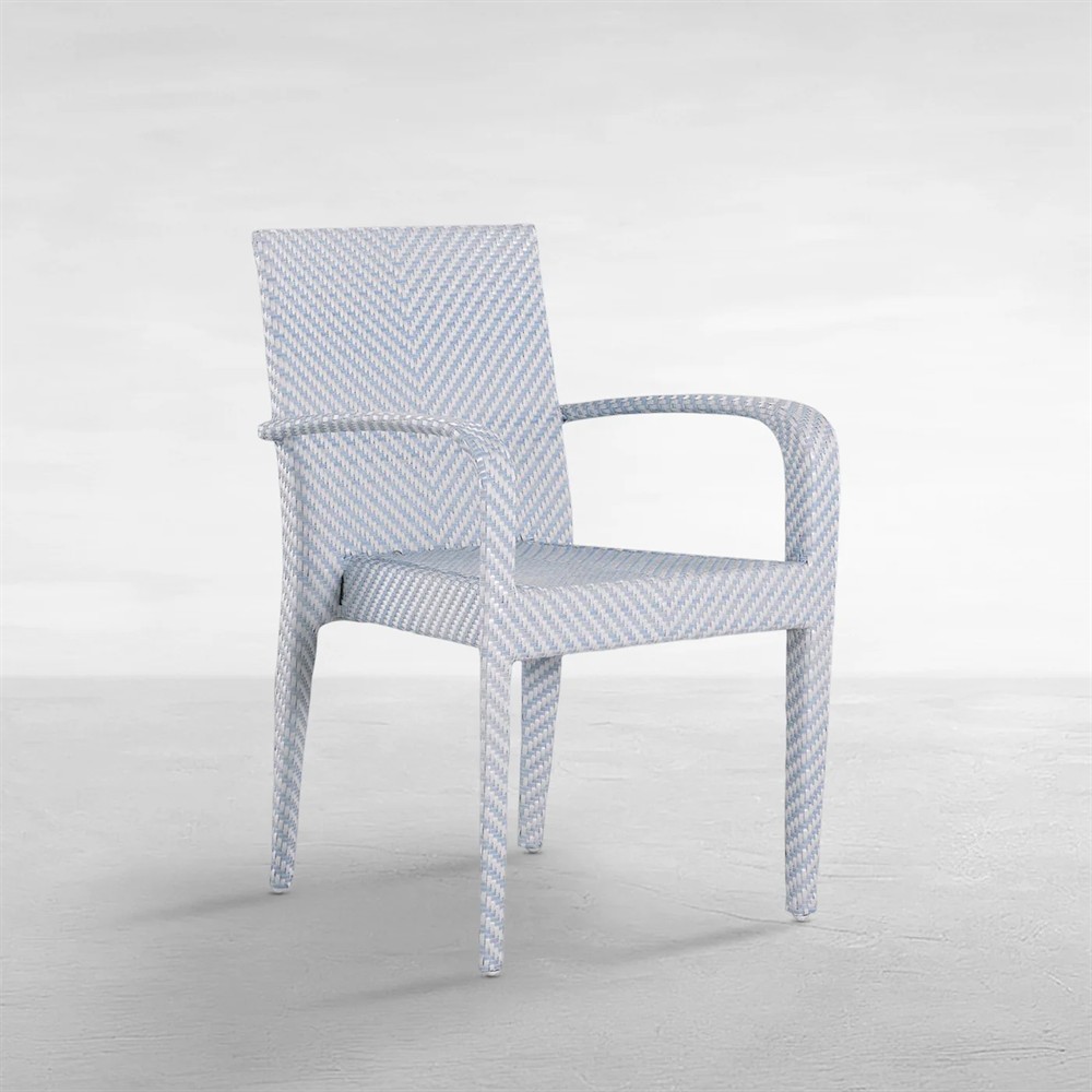 Bari Coastal Beach Blue Wicker Chevron Stacking Outdoor Dining Arm Chair|