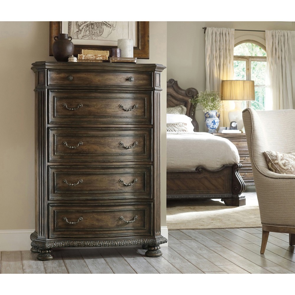 Riley French Country Distressed Brown Wood Tall Chest Dresser|