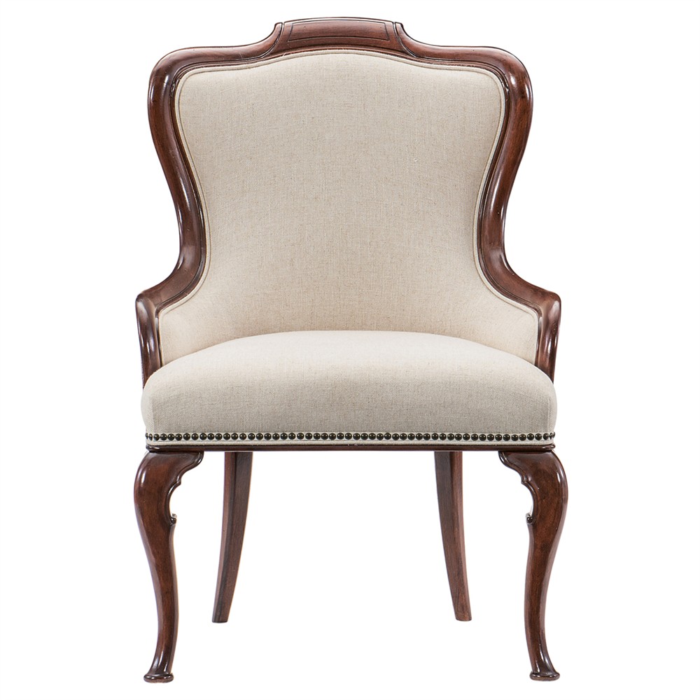 Harry Updated Traditional Beige Upholstered Cherry Wood Dining Arm Chair|