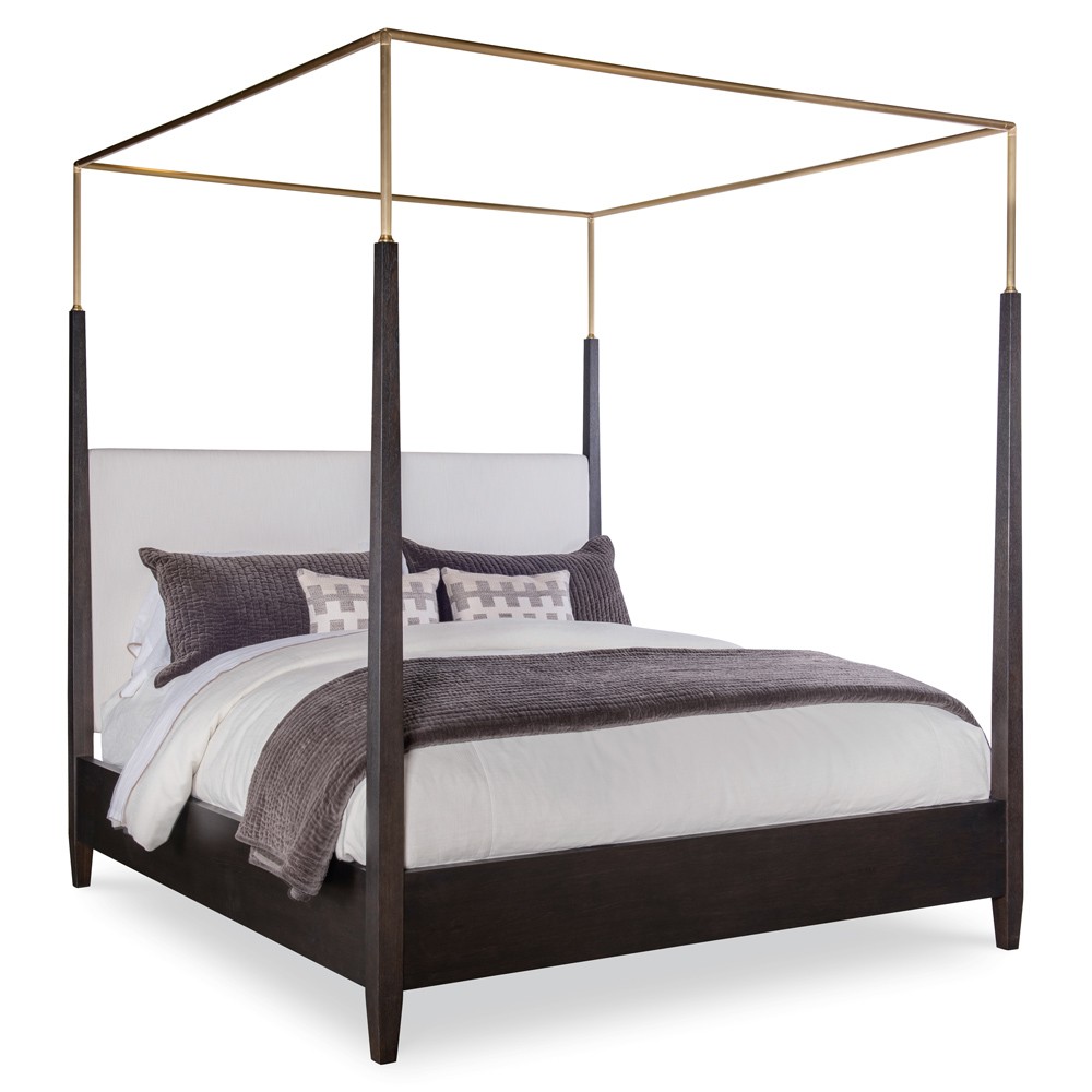 Century Cadence Modern Classic Beige Linen Mocha Oak Canopy Bed - King|