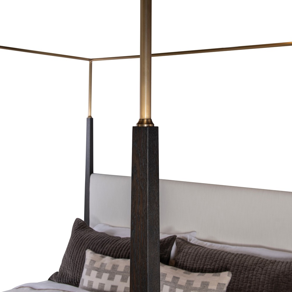 Century Cadence Modern Classic Beige Linen Mocha Oak Canopy Bed - King|