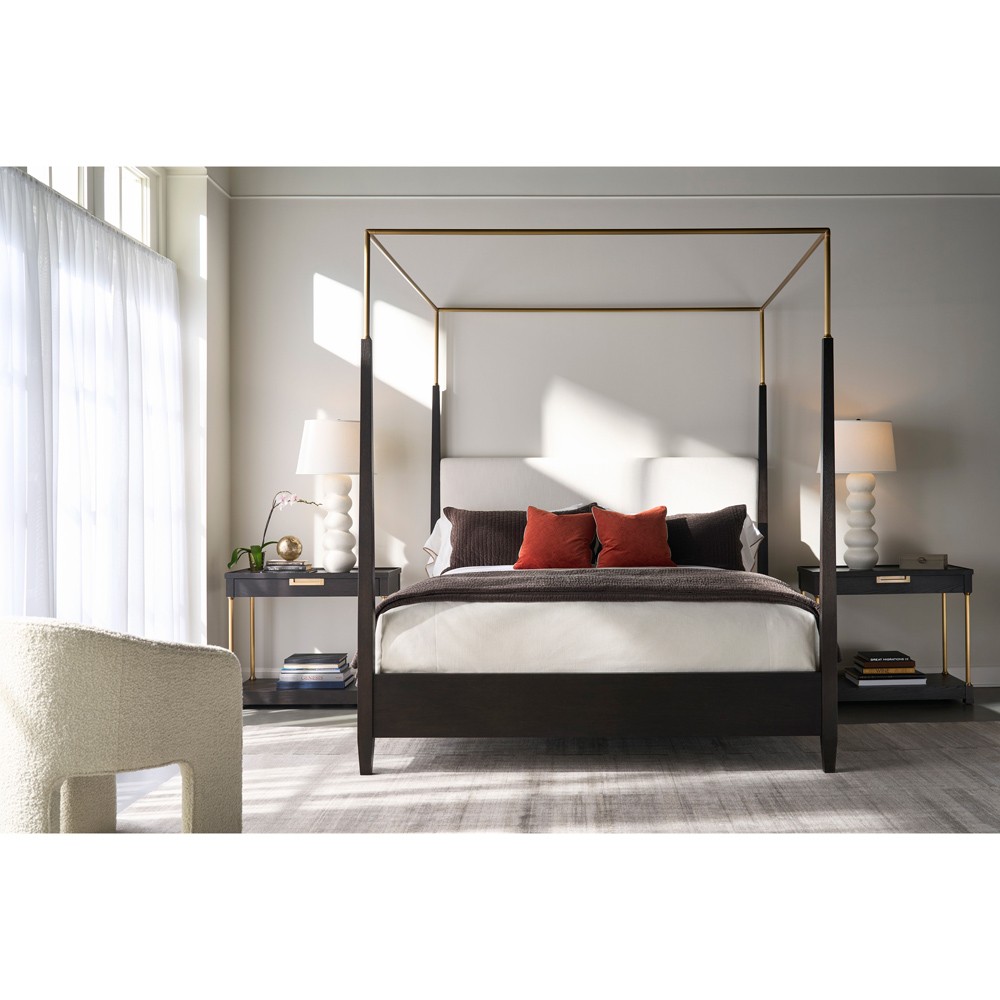 Century Cadence Modern Classic Beige Linen Mocha Oak Canopy Bed - King|