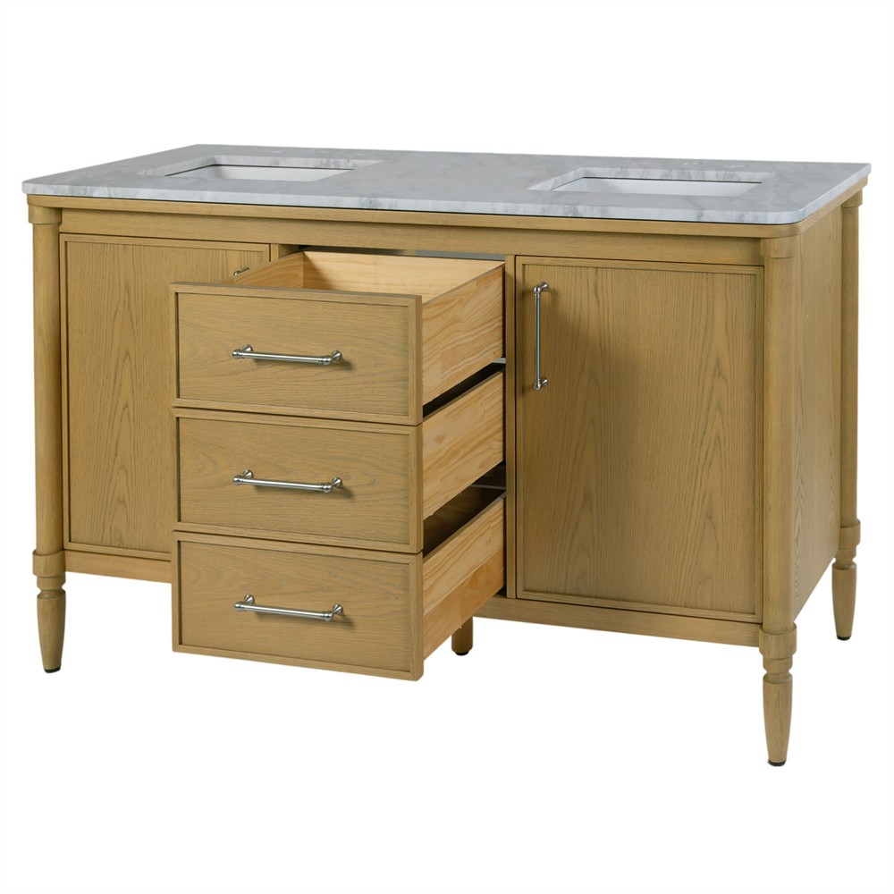 Cosima Updated Traditional White Marble Brown Wood Double Vanity