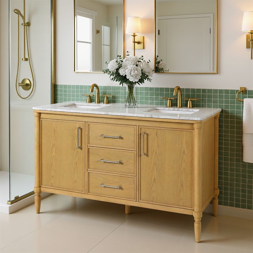 Cosima Updated Traditional White Marble Brown Wood Double Vanity