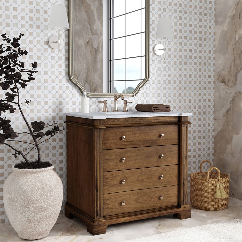 Faelan Updated Traditional Grey Marble Brown Acacia Single Vanity Sink - 36"|