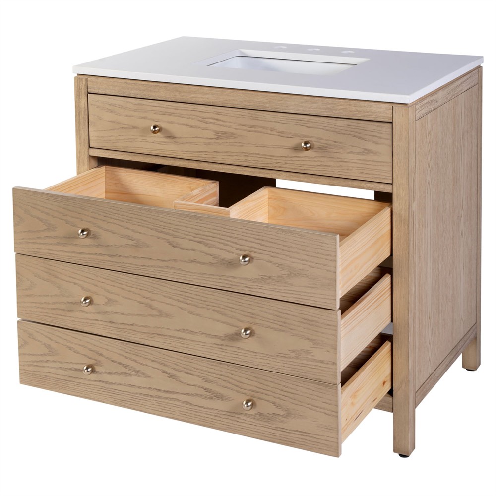 Svea Modern Classic White Quartz Light Brown Wood Single Vanity Sink - 36"|