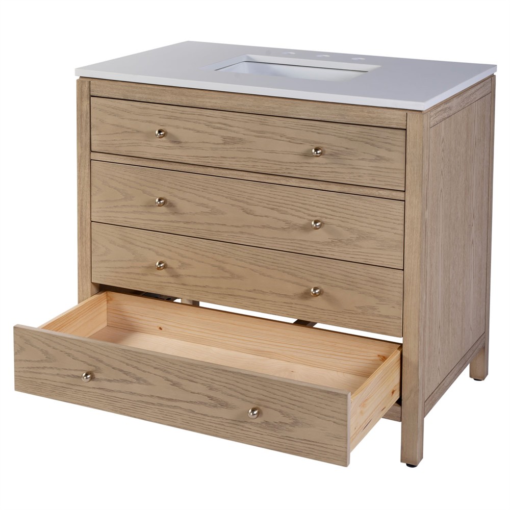 Svea Modern Classic White Quartz Light Brown Wood Single Vanity Sink - 36"|