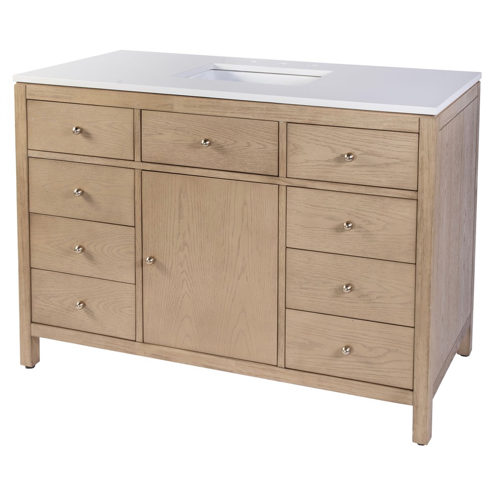 Svea Modern Classic White Quartz Light Brown Wood Single Vanity Sink - 48"|