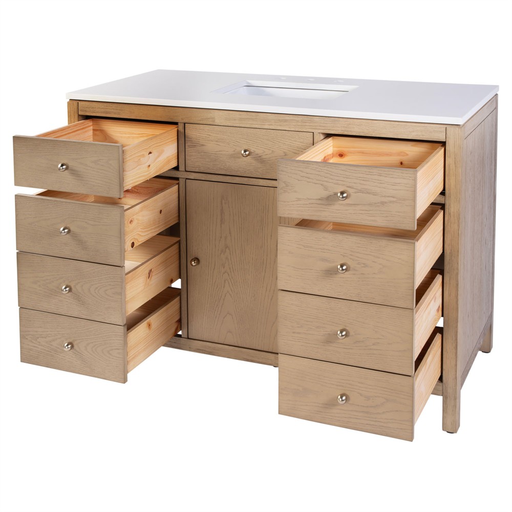 Svea Modern Classic White Quartz Light Brown Wood Single Vanity Sink - 48"|