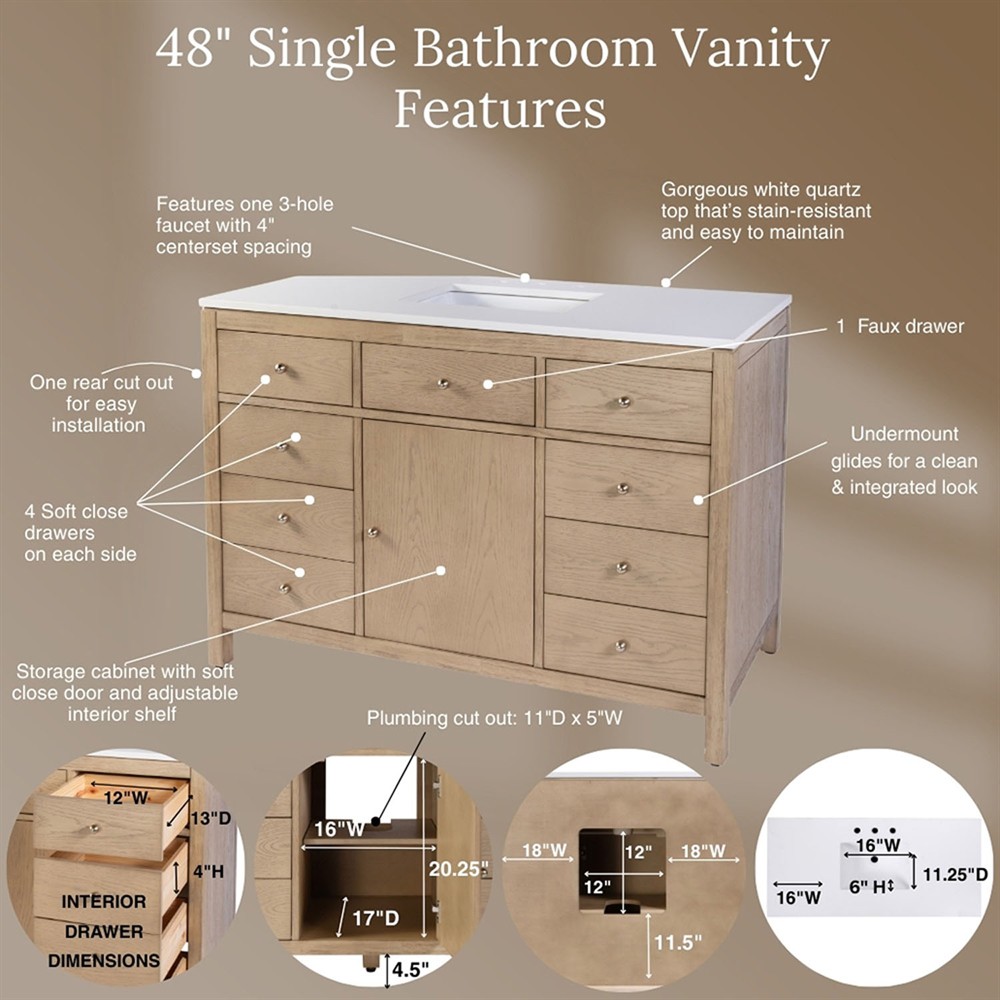 Svea Modern Classic White Quartz Light Brown Wood Single Vanity Sink - 48"|