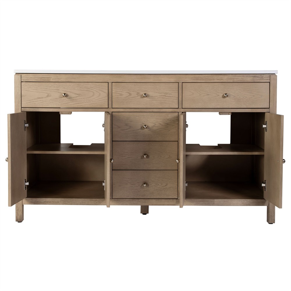 Svea Modern Classic White Quartz Light Brown Wood Double Vanity Sink - 60"|