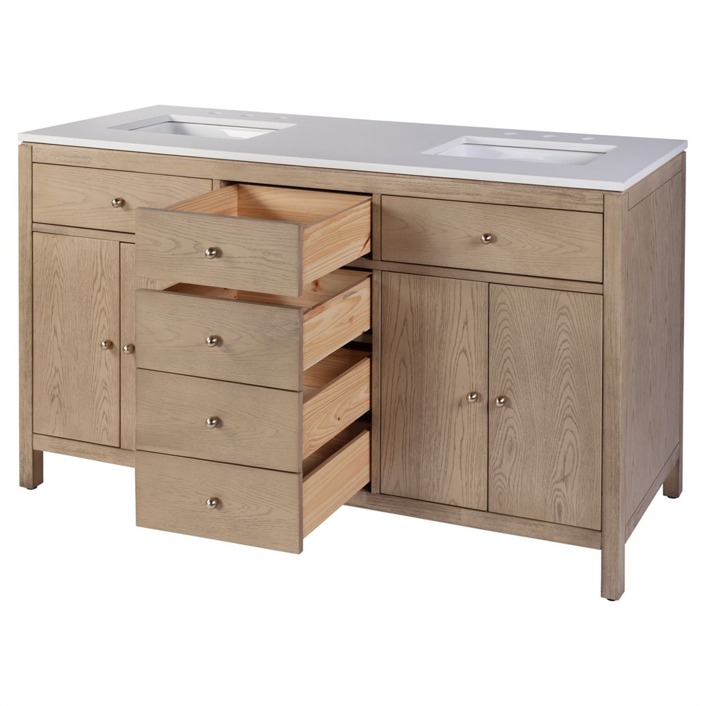 Svea Modern Classic White Quartz Light Brown Wood Double Vanity Sink - 60"|