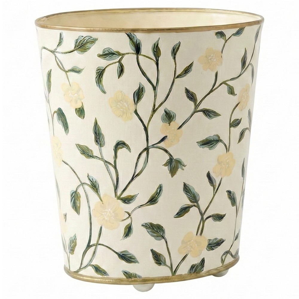 Worlds Away Elise French Country Hand-Painted Cream Floral Vine Waste Basket|