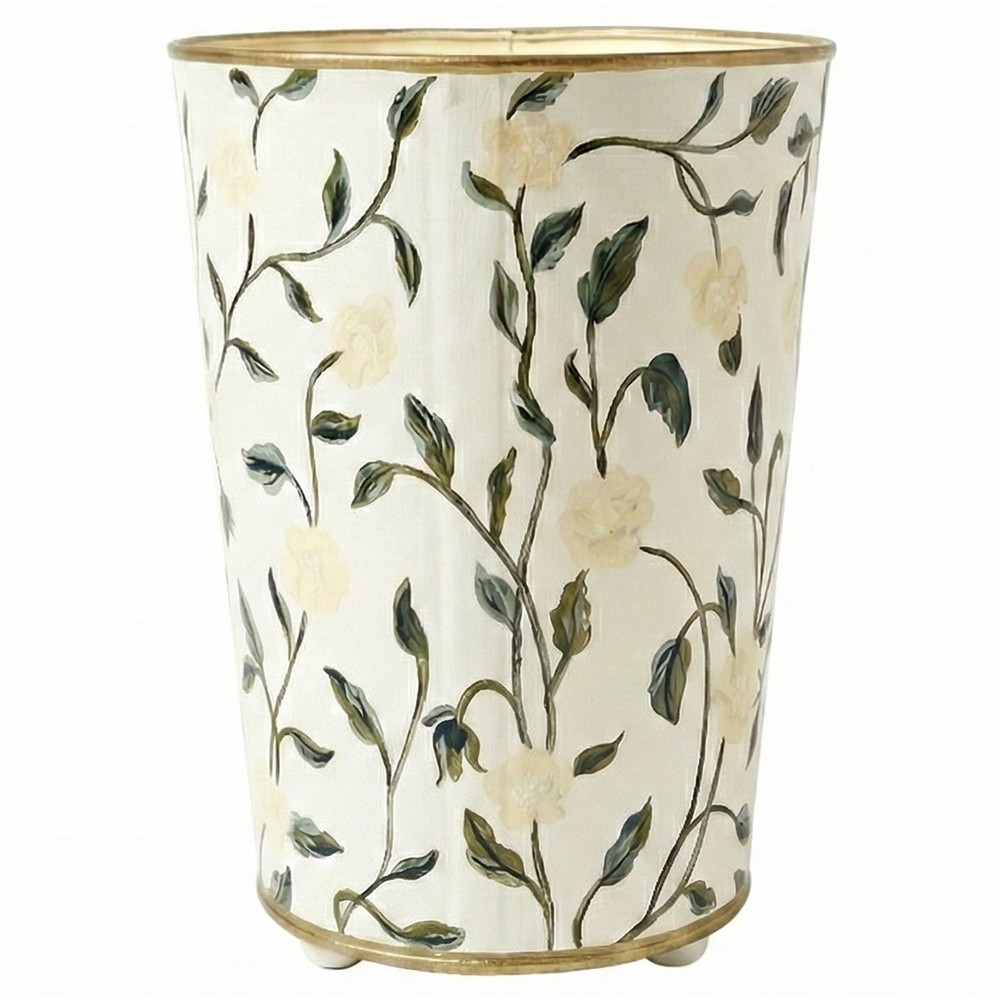 Worlds Away Elise French Country Hand-Painted Cream Floral Vine Waste Basket|
