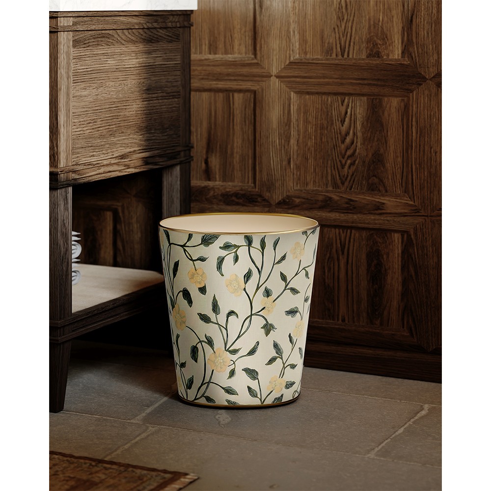 Worlds Away Elise French Country Hand-Painted Cream Floral Vine Waste Basket|