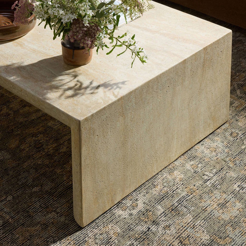 Brad Modern Classic Beige Faux Travertine Rectangular Coffee Table