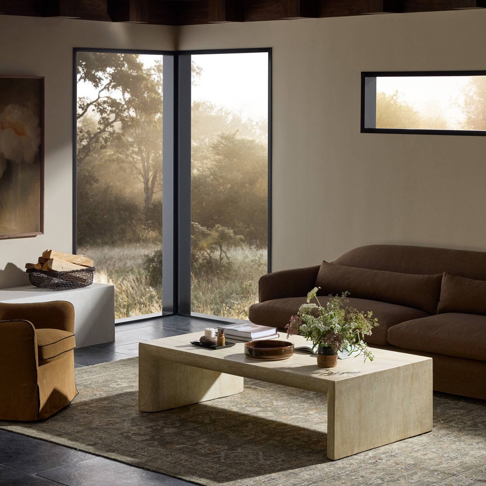 Brad Modern Classic Beige Faux Travertine Rectangular Coffee Table