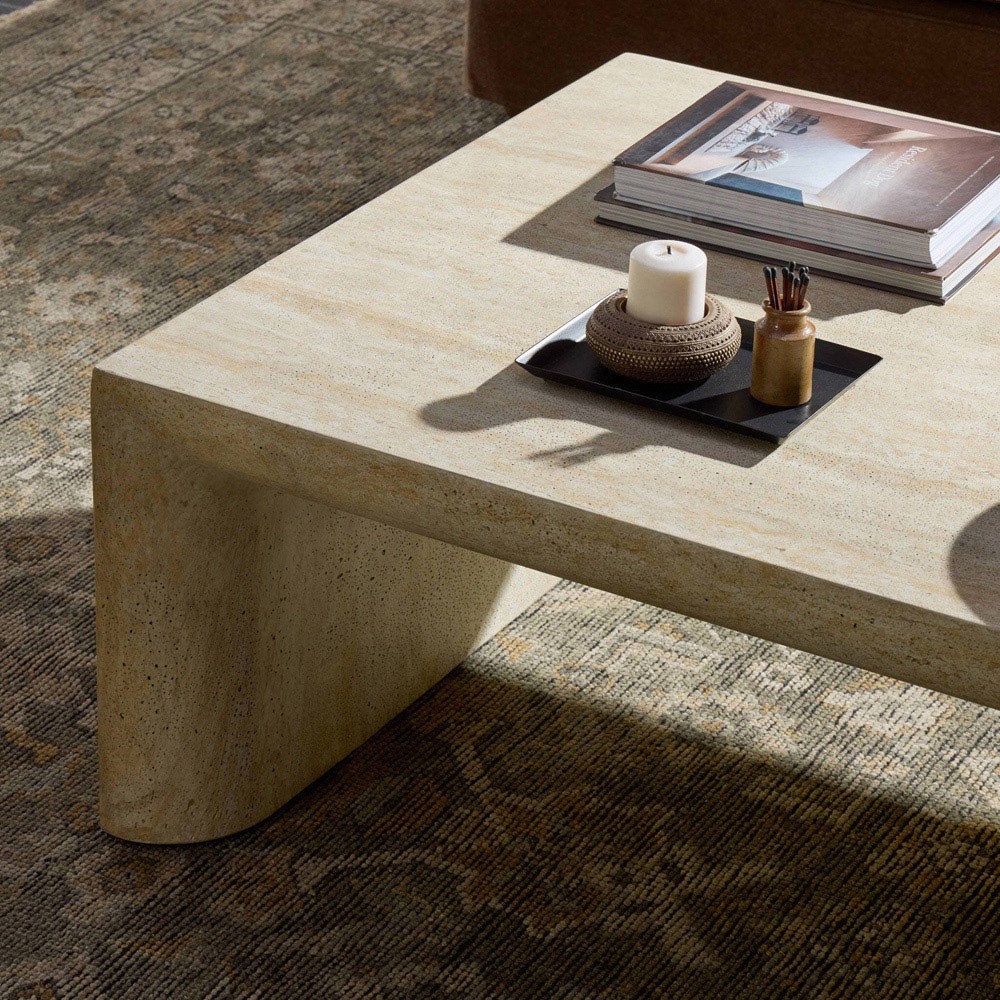 Brad Modern Classic Beige Faux Travertine Rectangular Coffee Table