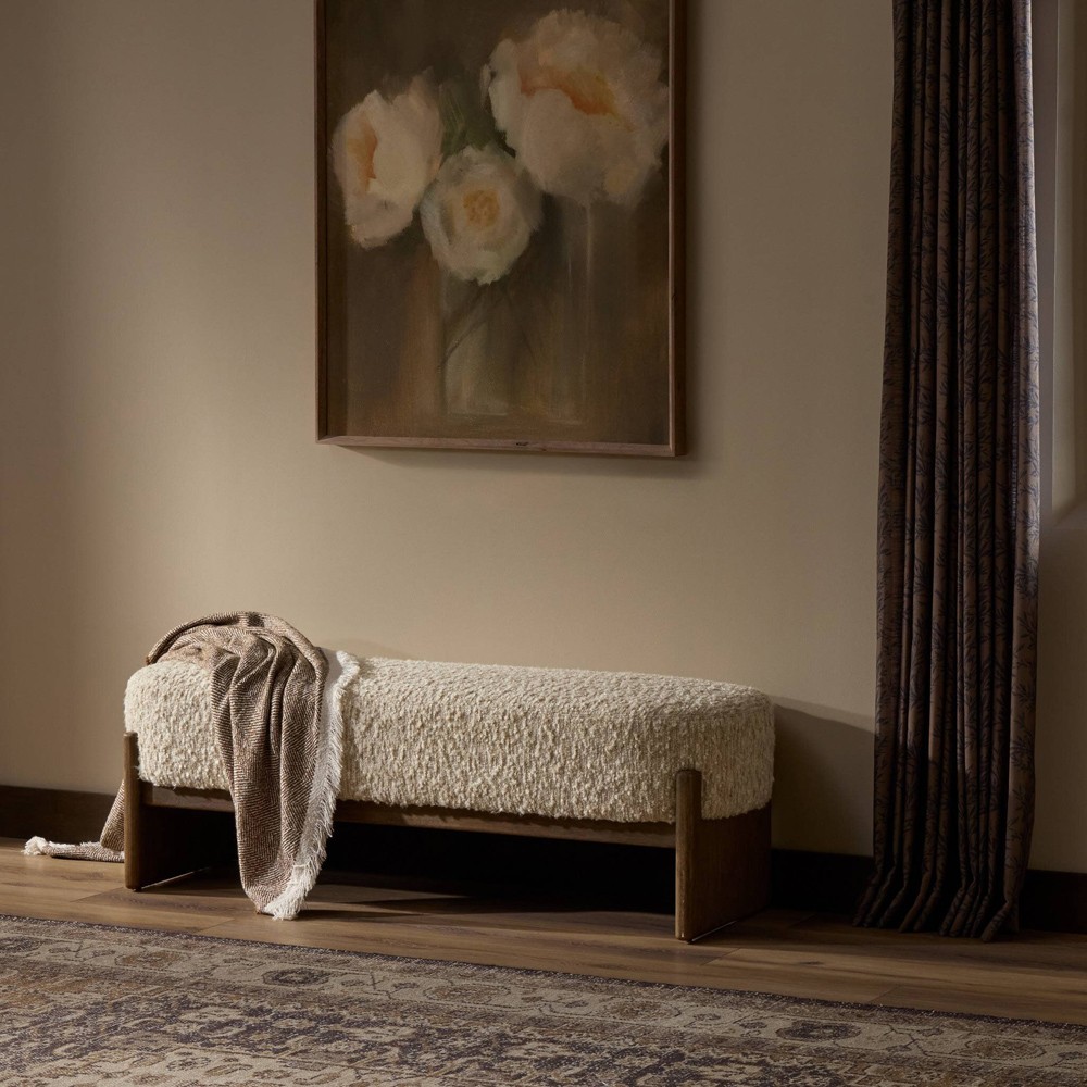 Leith Modern Classic Cream Boucle Brown Wood Bedroom Bench - 60"|