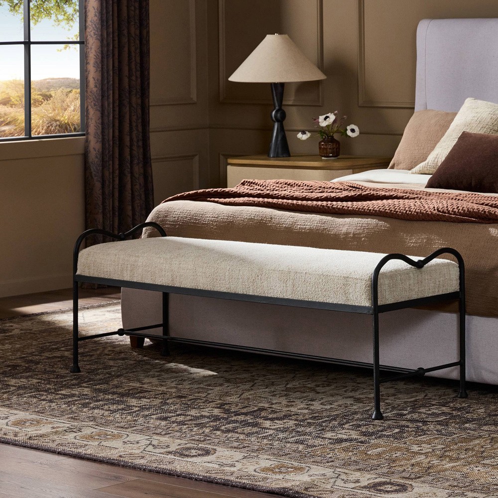 Leona Modern Classic Cream Boucle Black Iron Bedroom Bench|