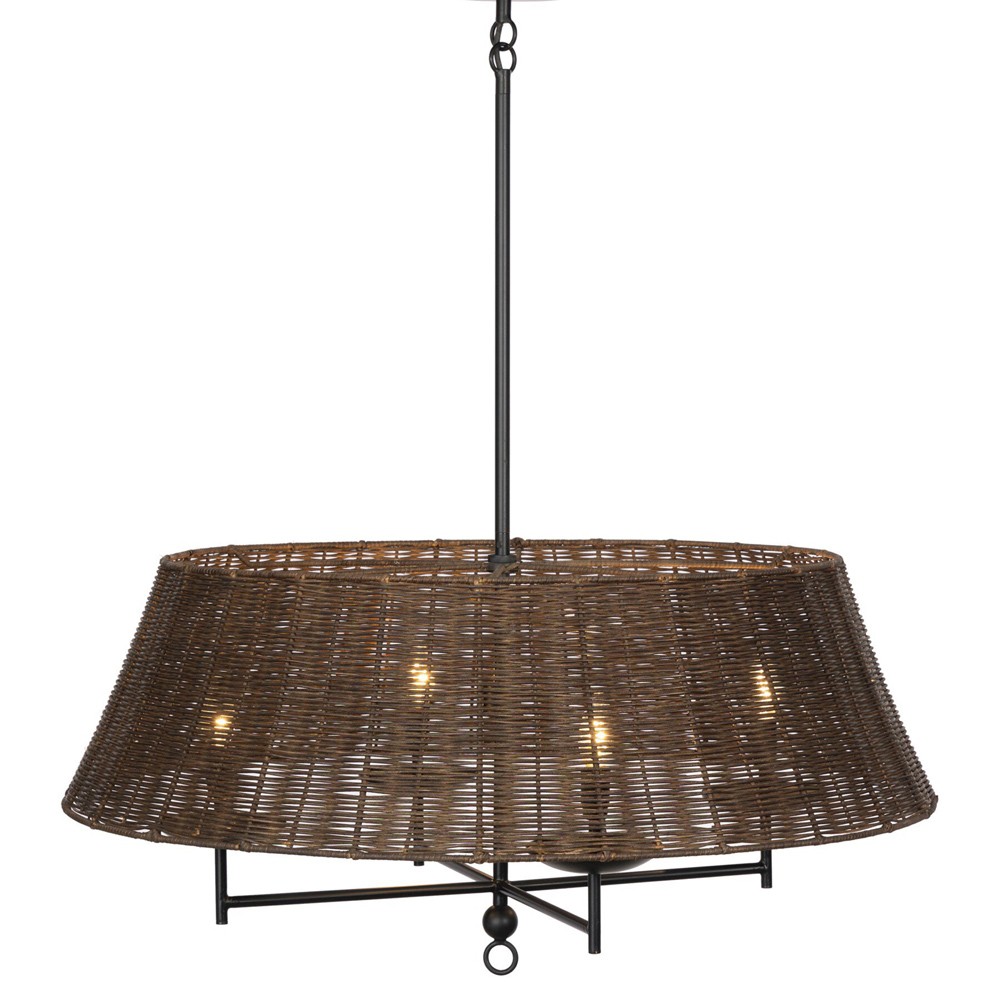 Hadwick Updated Traditional Brown Rattan Shade Black Iron Chandelier|