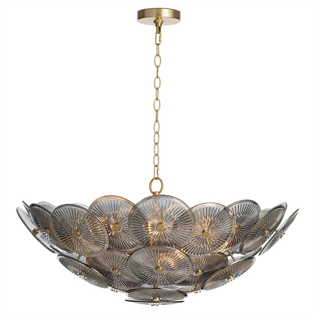 Holly Updated Traditional Smoke Glass Medallions Natural Brass Chandelier|