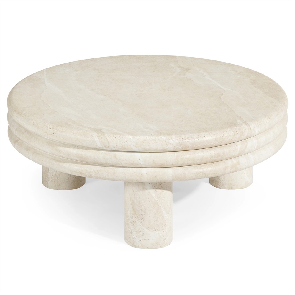 Brittny Modern Classic Beige Faux Travertine Round Outdoor Coffee Table|
